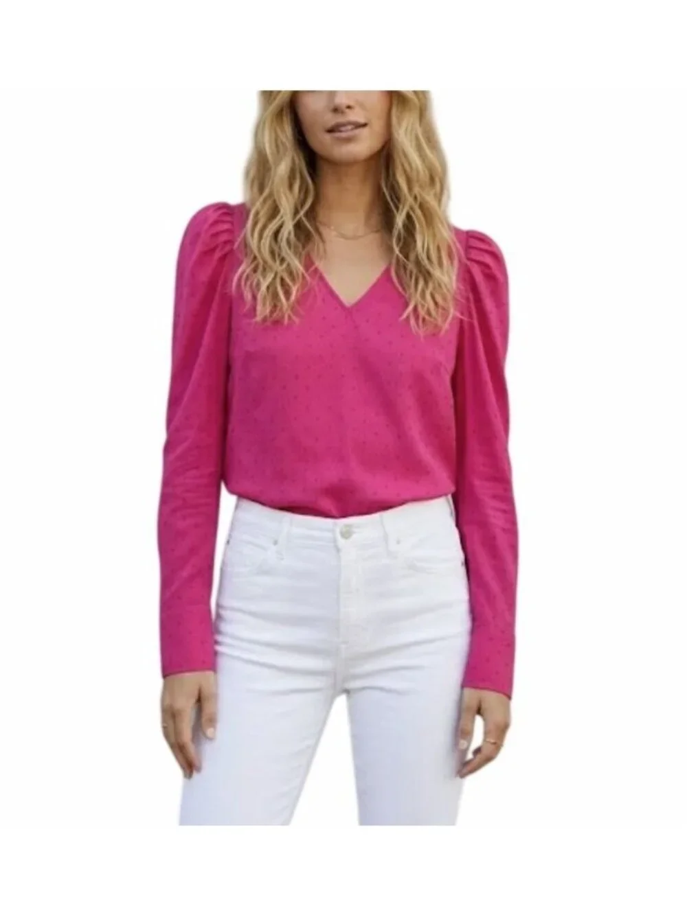 ⭐Sz XS Women Blouse Top Banana Republic Puff Sleeve Fuchsia navy polka dots NEW